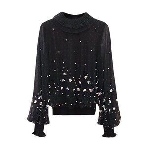 Women's Plus Size 1X/2X/3X Blouse Formal Beaded Black Pearls Mesh Overlay